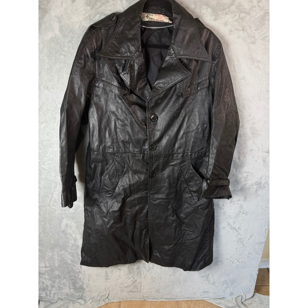 Vintage 70s Jean Pierre Men's Size 44 Black Leather Trench Coat Mod Boho Rocker